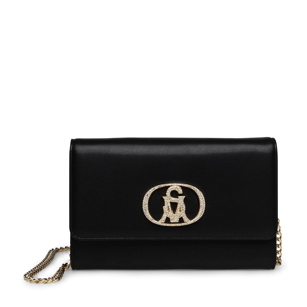 Steve Madden BPETULA Black Clutch / Wallet on a Chain with Gold Rhinestone Logo